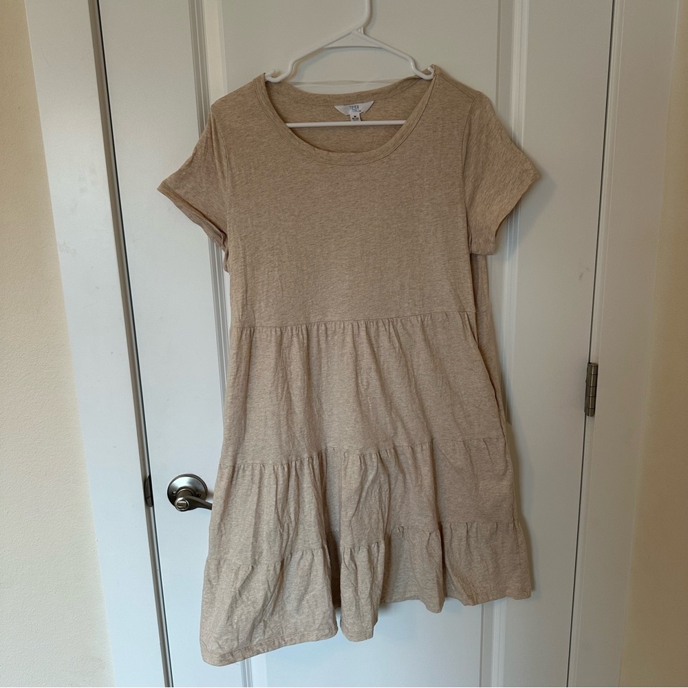 100% Cotton Casual Neutral Beige Tiered Dress with Pockets